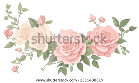 A vintage style garland of pink heritage roses with green leaves