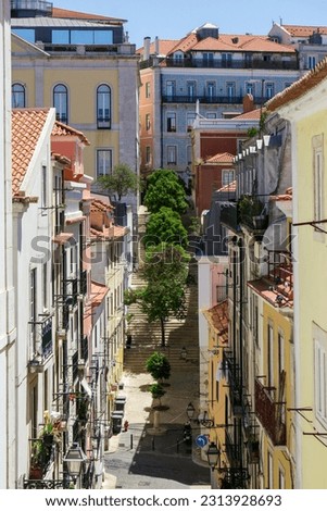 Bright sunny street in the old center of Lisbon, Portugal