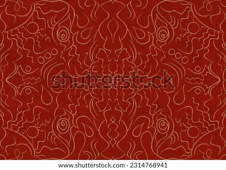 Hand-drawn unique abstract symmetrical seamless gold ornament on a bright red background. Paper texture. Digital artwork, A4. (pattern: p07-1a)