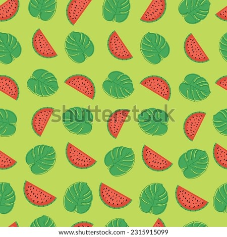 Seamless pattern watermelons with tropical leaf, green background, fruit, summer style