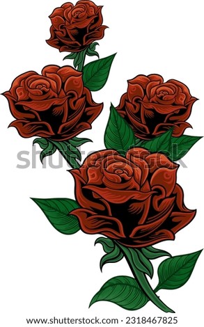 Red roses hand drawn color set. Black line rose flowers isolated on white background. Vector colored elements illustration for happy Valentines day postcards.