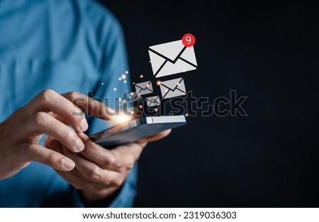 Businessman sending email by laptop computer to customer, business contact and communication, email icon, email marketing concept, send e-mail or newsletter, online working internet network.	
