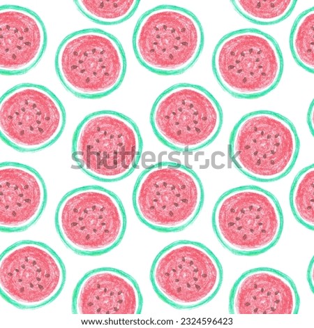 Hand illustrated pastel chalk ripe bright pink watermelon round slices as summer background.