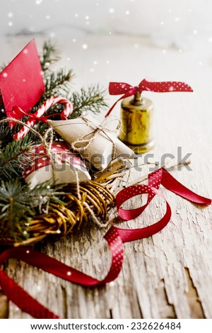 christmas background with christmas decorations on wooden background in vintage color