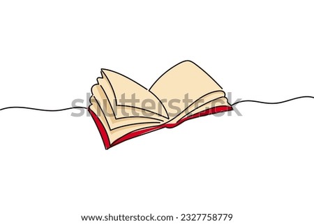 Book drawn with a single line, Continuous one line drawing open book with flying pages. Colored cover in red, beige sheets. Vector illustration for the design of banners or textbooks, suitable for a