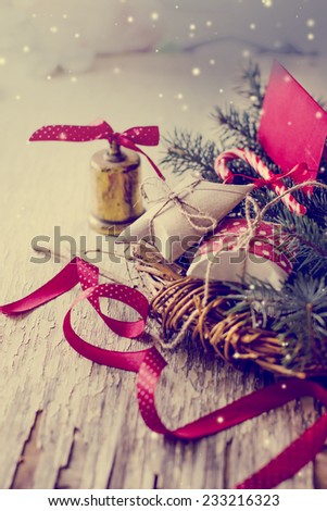 christmas background with christmas decorations on wooden background in vintage color