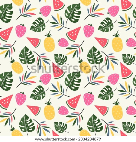 Summer seamless pattern with colorful summer fruits and tropical leaves