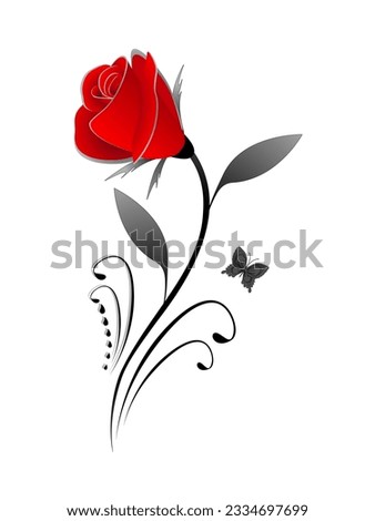 Red rose with black leaves and a butterfly on a white background.