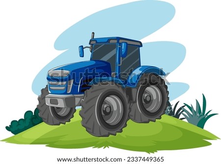 A cartoon illustration of a blue tractor on a hill, isolated on a white background