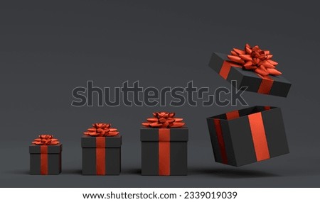 Gift boxes with ribbon and bow flying and falling on black background. 3d render concept of greeting design Birthday, Merry Christmas, Black friday, New Year