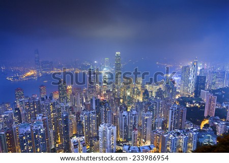 Hong Kong. Image of Hong Kong with many skyscrapers during twilight blue hour.