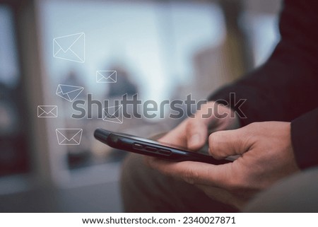 Social media and digital online concept, man Businessman selecting email application on touchscreen.  playing social media. Social Distancing ,Working From Home concept