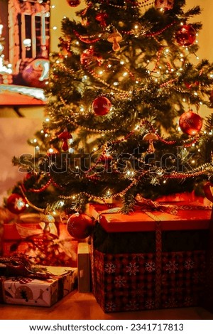 Beautiful Christmas gift boxes and presents under the Christmas tree 