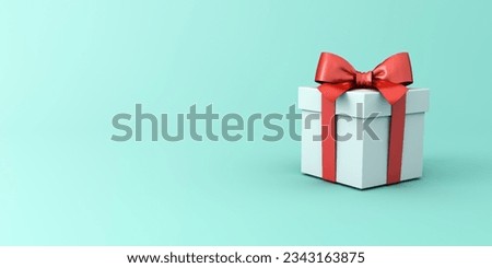 Present box with red ribbon and bow or white gift box isolated on light blue green pastel color with blank space gradient background minimal concept 3D rendering