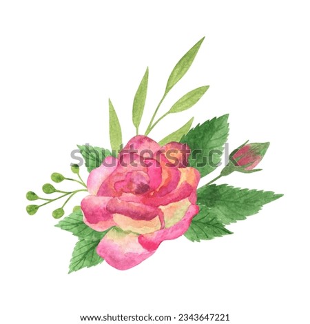 Watercolor wedding bouquet. Roses and green leaves arrangement