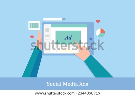 Social media advertising campaign, User click on social media ad. Web traffic from social media marketing campaign. Hand holding tablet browsing social media.