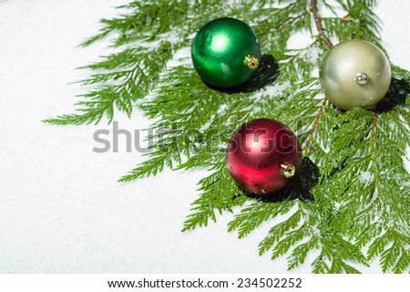 Christmas balls on green cedar boughs