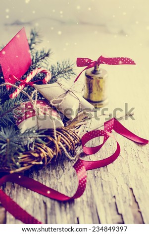 christmas background with christmas decorations on wooden background in vintage color 