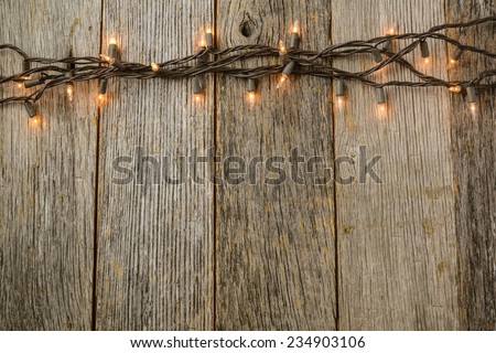 Christmas Tree Lights with Rustic Wood Background