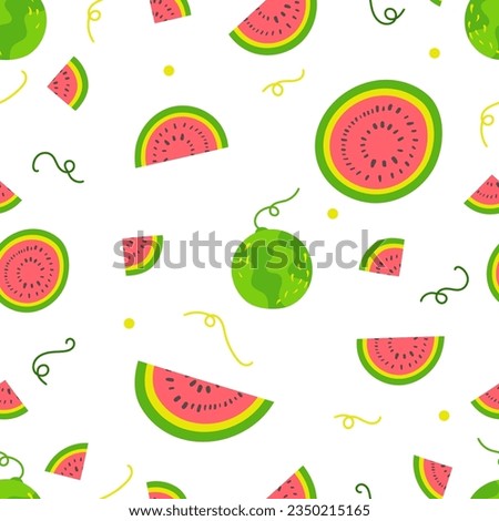 Vector seamless watermelon pattern with vines, seeds and slices on white background. Summer hand drawn textile print in cartoon style. Flat vector design, good for gift wrapping, fabric. 