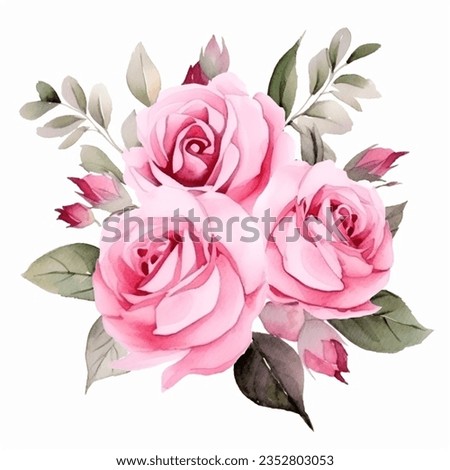 This exquisite artwork showcases a hand-drawn watercolor floral arrangement featuring delicate pink roses, lush leaves, and graceful clematis branches. Set against a white backdrop, this botanical ill