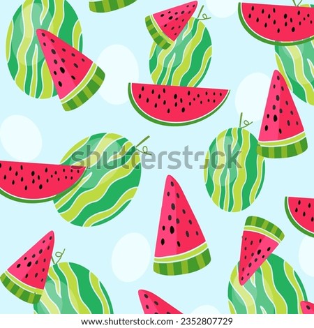 Cartoon fresh green open watermelon half, slices and triangles. Red watermelon piece. Sliced water melon fruit vector set. Illustration of watermelon freshness nature