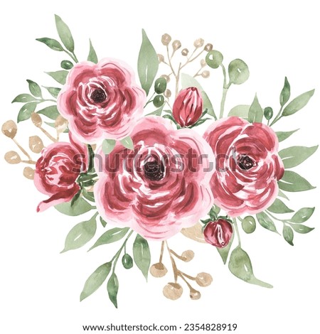 Watercolor red peony flowers and greenery bouquet illustration, burgundy garden roses and leaves border clipart