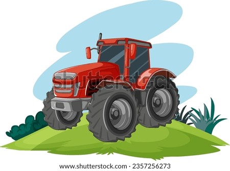 A cartoon illustration of a red tractor on a hill, isolated against a white background
