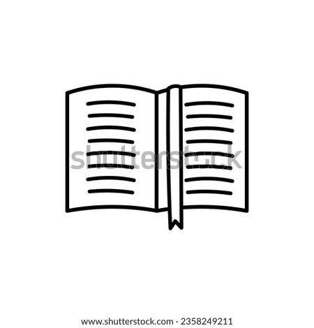 Open book with bookmark doodle. Book icon, symbol. Education logotype. Vector illustration. Black line art on white background.