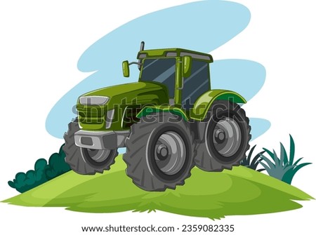 A cartoon illustration of a green tractor on a hill, isolated against a white background