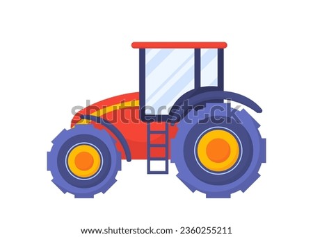Agricultural machine concept. Red vehicle and car for rural countryside and farm. Agriculture and farming. Automatization of processes. Poster or banner. Cartoon flat vector illustration