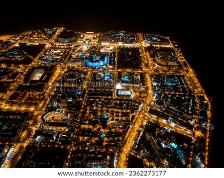 illuminated city with lights, ocean shore with hotels at night, Tenerife, Canary