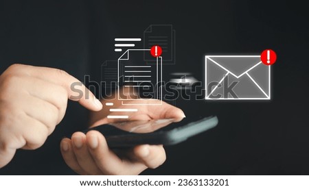 Man sign electronic documents on a virtual screen and sending email from a mobile device. Technology, document management, and paperless concept. Future business contract signing.
