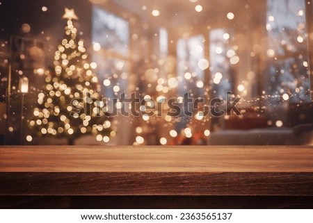 Beautiful natural wooden table with christmas background