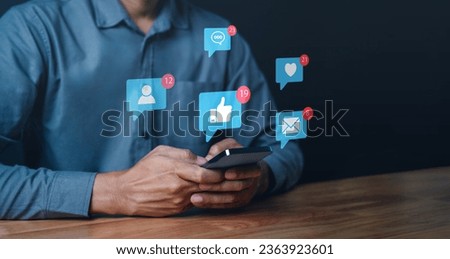 love, like, mail, message, speech bubble, balloon, discussion, social media, shape, chat. use smart phone to check social media, around there love, like, mail, message blue icon and unread, alert it.