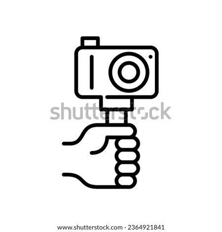Hand holding a camera on a selfie stick. Filming vlogs or news content. Pixel perfect, editable stroke