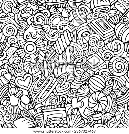Cartoon doodles Candies seamless pattern. Backdrop with confectionery symbols and items. Sketchy detailed background for print on fabric, textile, phone cases, wrapping paper.