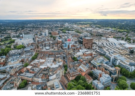 amazing aerial view of the downtown and High Street of Reading, Berkshire, UK, daytime morning