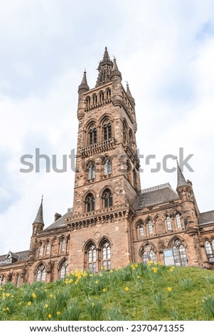 University of Glasgow main building in springtime with blooming daffodil