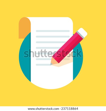 Sheet of paper with pencil, writing, copywriting, blogging. Flat style icon, vector illustration