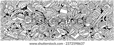 Cartoon vector Sushi doodle illustration features a variety of Japanese Cuisine objects and symbols. Sketchy whimsical funny picture.