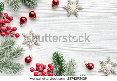 Christmas Decor with Copy Space on White Wooden Background