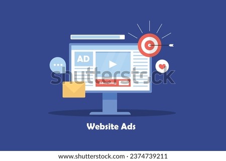 Website advertising, Email marketing, Social media promotion, SEO strategy, Digital ads display on computer screen - Vector illustration with icons