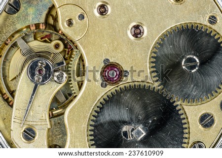 old pocket watch mechanism. close-up