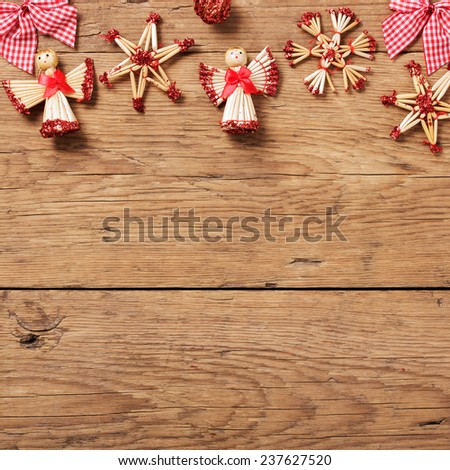 Christmas decor on wooden background with copy space 