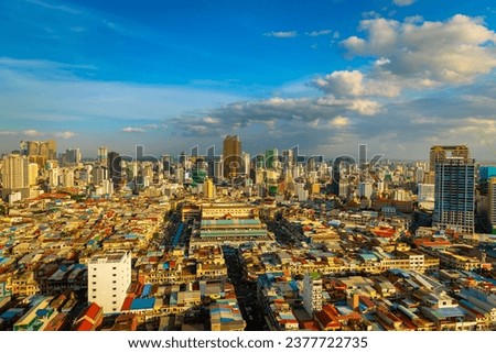 Aerial view of cityscape Phnom Penh in twilight skyline before sunset, Cambodia