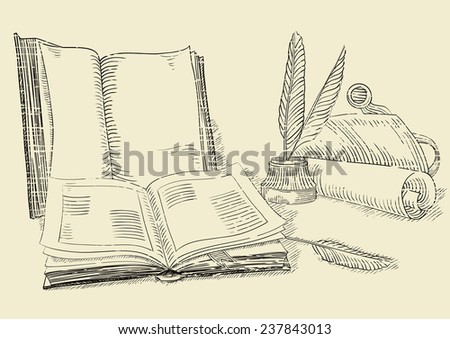 Retro books. Vector background  of old  books and antique objects at  engraving style.  