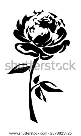 Peony flower. Black silhouette of a peony isolated on a white background. Vector black and white illustration. Handmade illustration, not AI