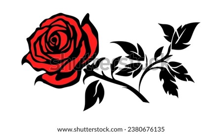 Red roses hand drawn in black and red color. Black line rose flowers inflorescence silhouettes isolated on white background.