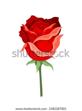 Watercolor cute rose. Red flower with leaves. Beauty, elegance and aesthetics. Creativity and art. Template and layout. Cartoon flat vector illustration isolated on white background
